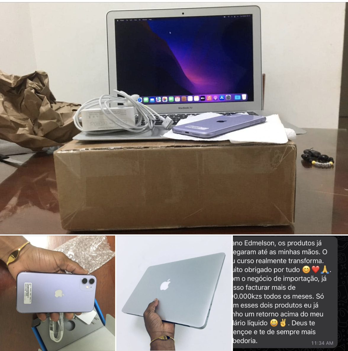 Estudante mostrando MacBook e iPhone recebidos após aplicar o curso
