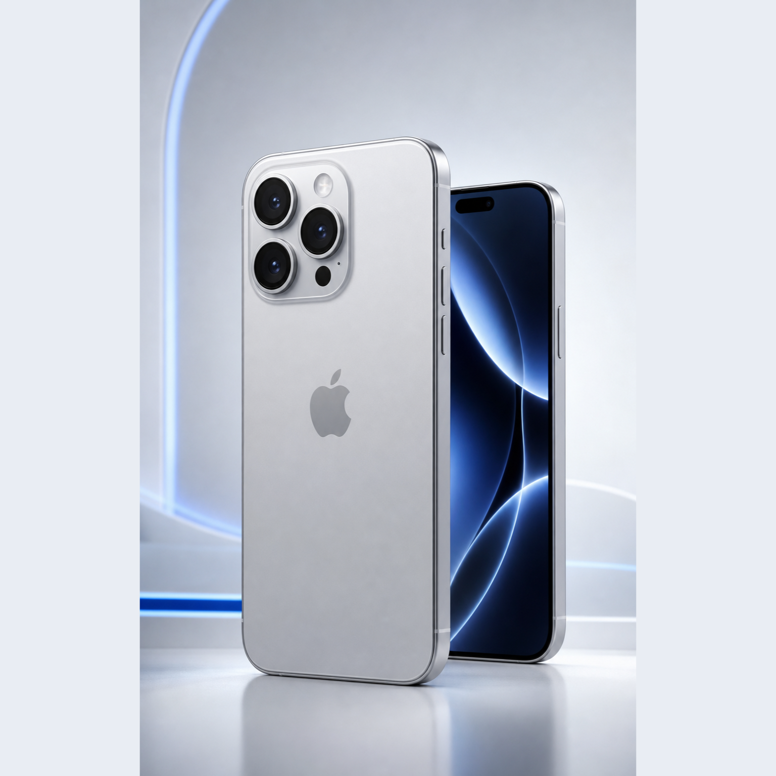 iPhone 17 Pro prateado em exposição, visto de frente e de costas
