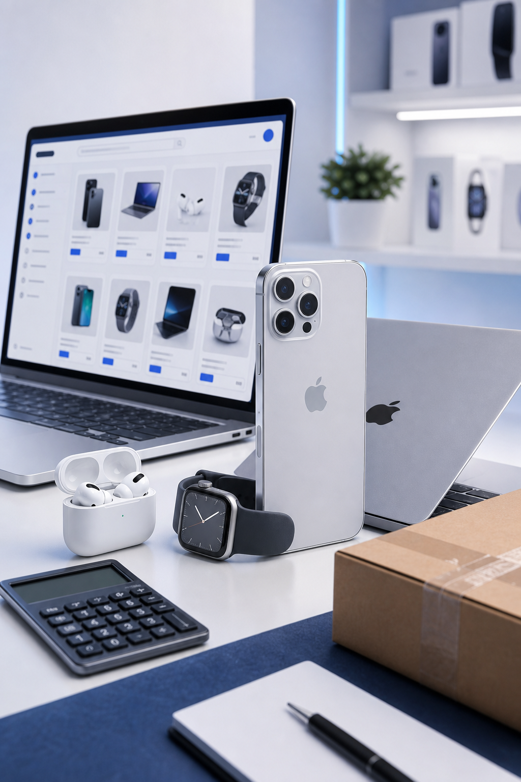 Estação de trabalho com plataforma de compras, iPhone, MacBooks, AirPods, Apple Watch, calculadora e encomenda