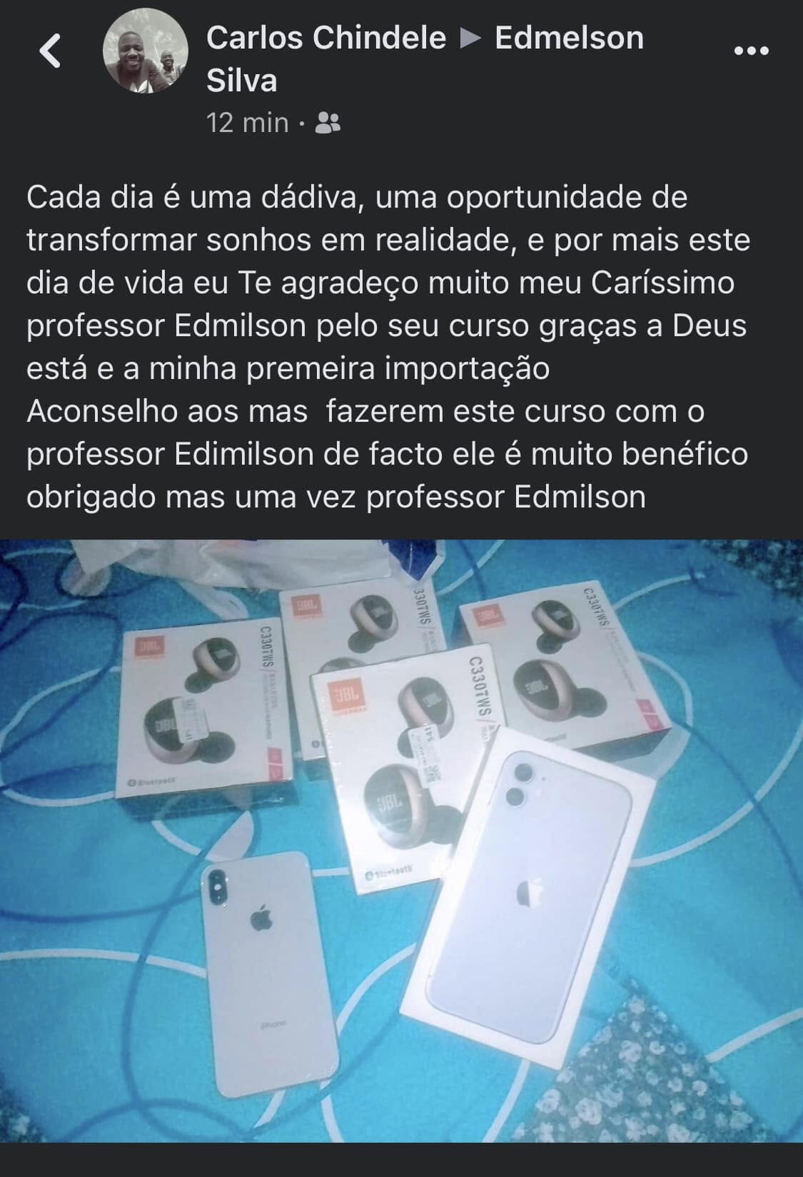Estudante agradecendo pela primeira importação realizada depois do curso