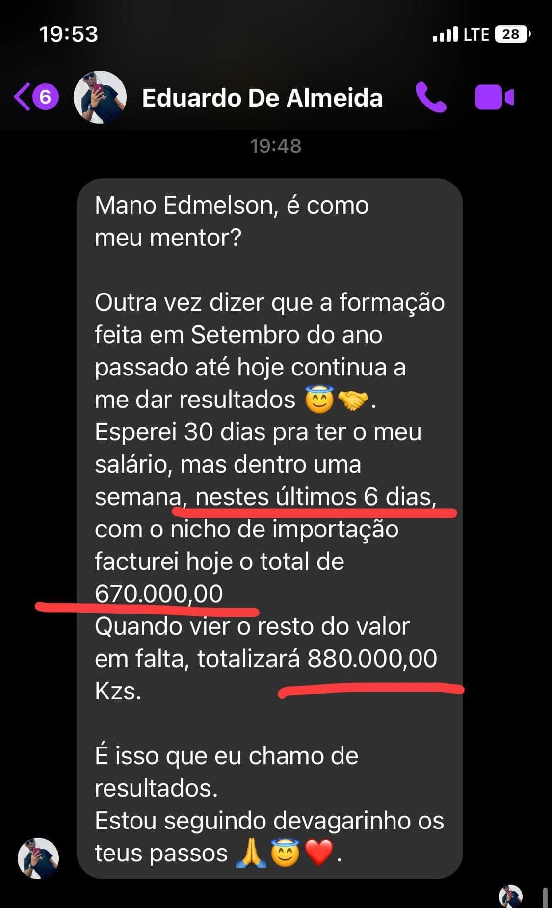 Estudante relatando faturação de oitocentos e oitenta mil kwanzas no nicho de importação