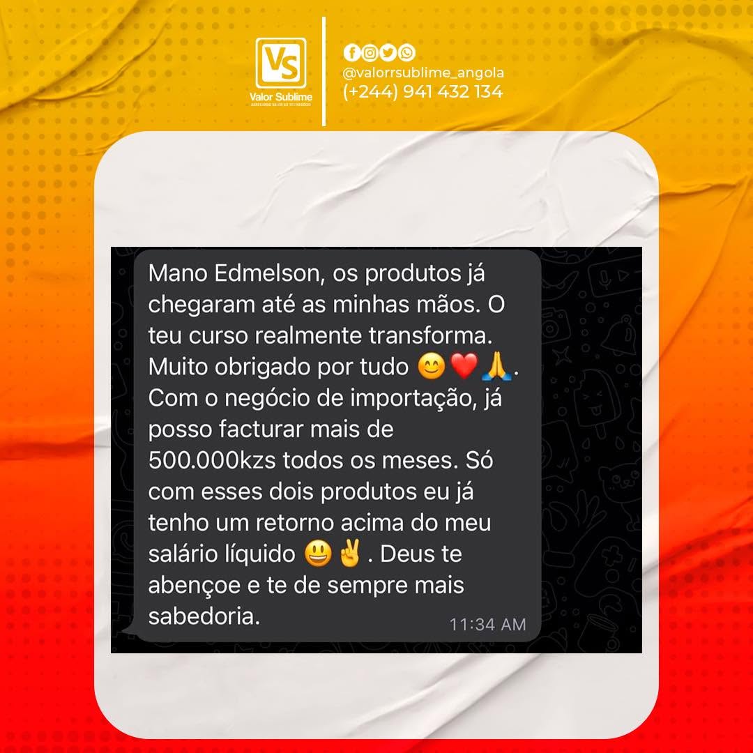 Estudante relatando produtos recebidos e faturação mensal superior a quinhentos mil kwanzas